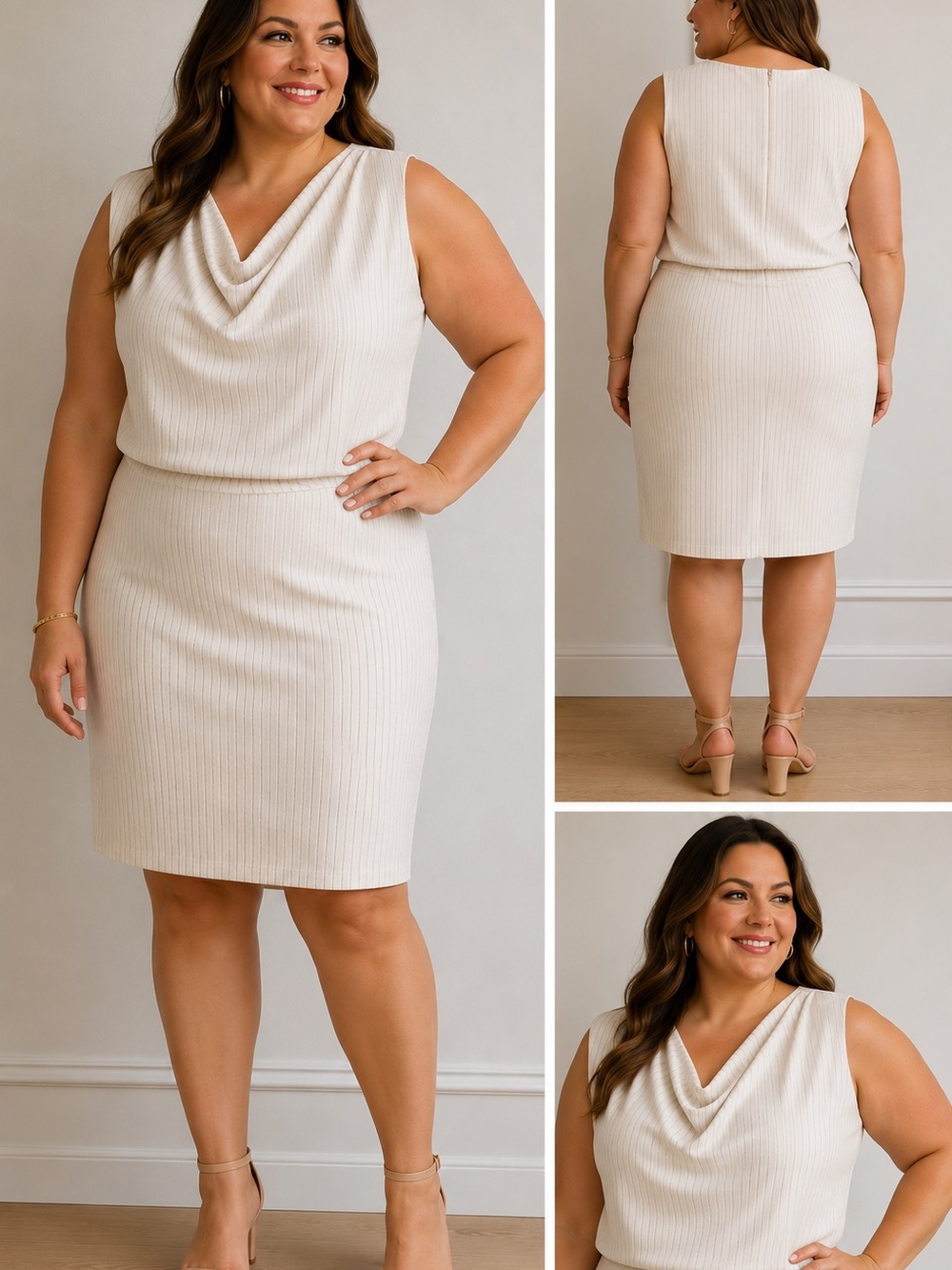 Donna Karan NY Sleeveless Cowl Neck Ribbed Knit Dress - Cream